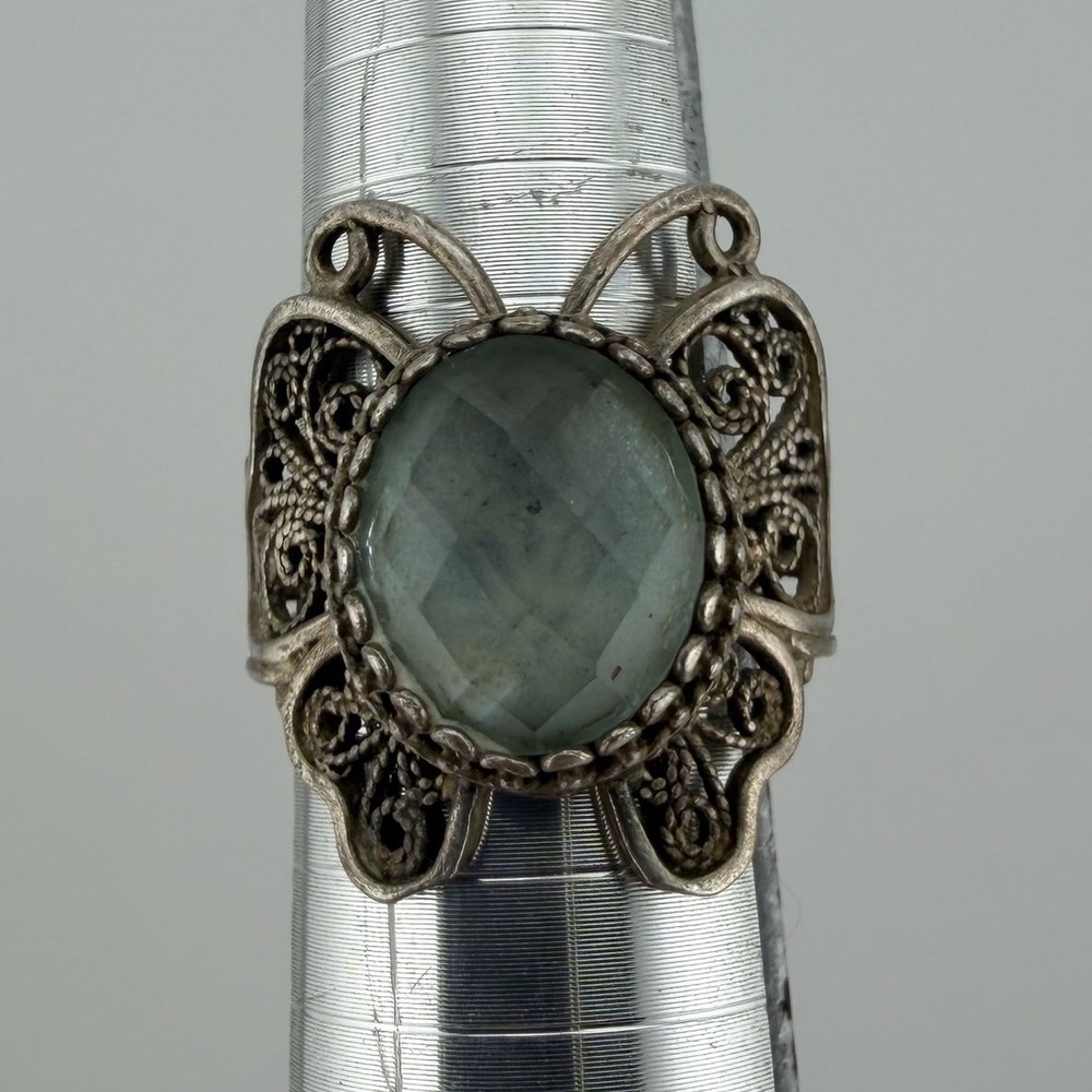 DGS Turkey Womens Butterfly Ring Sz 7.5 Sterling Silver 925 Green Stone Vintage